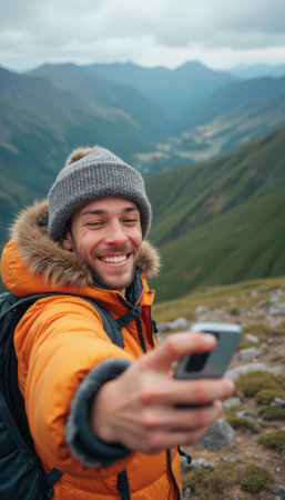 A cheerful young man in a vibrant orange jacket and cozy gray beanie smiles broadly as he takes a selfie against a breathtaking mountainous backdrop. The lush green hills and distant peaks create a stunning contrast, enhancing the sense of adventure and joy in this moment of exploration.の素材