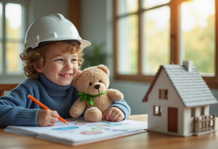 A cheerful young boy, wearing a white hard hat, beams with joy as he colors on a large sheet of paper, accompanied by his cuddly teddy bear. The warm sunlight streaming through the windows highlights his creativity and innocence, while a charming toy house sits nearby, symbolizing dreams of building and adventure.の素材