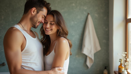 A couple stands closely together in a softly lit bathroom, their foreheads gently touching as they share a tender moment. The warm atmosphere is enhanced by the muted green walls and natural light streaming through the window, creating a serene backdrop for their affectionate connection.の素材