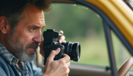 A middle-aged man with a thoughtful expression is intently aiming his camera from inside a vintage yellow car, ready to capture the perfect shot. The soft, blurred background hints at a lush, green landscape, creating a serene atmosphere that complements his passion for photography.の素材