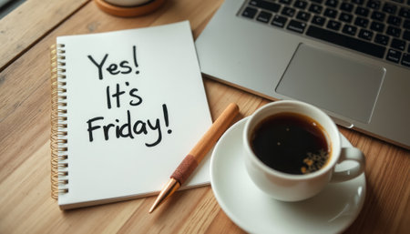 A cozy workspace features a cheerful note reading "Yes! Its Friday!" alongside a steaming cup of coffee and a sleek laptop. The warm wooden table adds a touch of comfort, while the inviting aroma of coffee sets the perfect mood for a productive end to the week.の素材