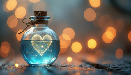 A charming glass bottle filled with shimmering blue liquid captures a glowing heart shape, radiating warmth against a backdrop of soft, golden bokeh lights. The delicate twine and cork add a rustic touch, enhancing the enchanting atmosphere of love and magic that this whimsical scene evokes.の素材