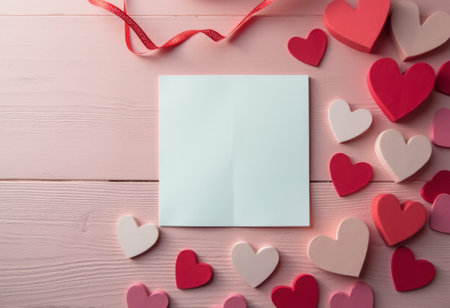 A pristine, blank square note sits at the center of a soft pink wooden surface, surrounded by an array of charming hearts in various shades of red and pink. The playful arrangement of these hearts, along with a delicate red ribbon, creates a romantic atmosphere, inviting heartfelt messages and expressions of love.の素材
