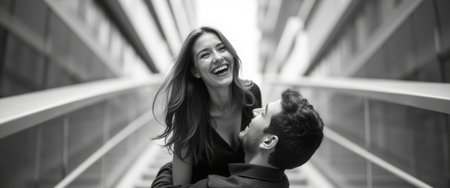 In a striking black-and-white scene, a couple shares a moment of pure joy, with the woman laughing heartily as she is lifted by her partner. The sleek, modern architecture surrounding them enhances the intimacy of their connection, creating a beautiful contrast between the vibrant emotions and the structured environment.の素材
