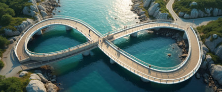 An elegant infinity-shaped bridge gracefully arches over serene turquoise waters, surrounded by lush greenery and rocky shores. This stunning architectural marvel symbolizes endless possibilities and connection, inviting viewers to explore its unique design and the beauty of nature.の素材