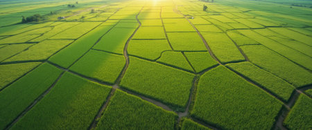 An aerial view captures the vibrant green rice fields, intricately patterned and bathed in the warm glow of the rising sun. The image evokes a sense of tranquility and abundance, showcasing the beauty of agricultural landscapes and the harmony of nature.の素材