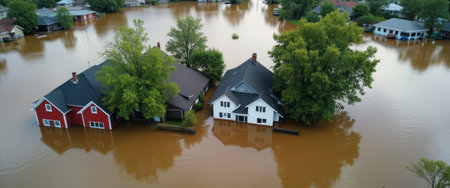 Aerial view of two houses partially submerged in brown floodwaters, surrounded by lush green trees. This striking image captures the overwhelming impact of natural disasters, highlighting the urgent need for community support and resilience.の素材