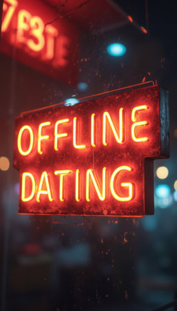 A vibrant neon sign reading OFFLINE DATING illuminates the scene with a warm, inviting glow. This eye-catching display captures the essence of modern romance, encouraging connections beyond the digital realm.の素材