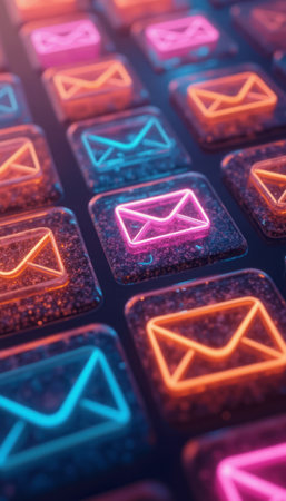 A close-up view of a keyboard featuring glowing neon email icons in vibrant colors, creating a futuristic and tech-savvy atmosphere. The striking contrast of pink and blue against the dark background evokes a sense of modern communication and digital connectivity.の素材