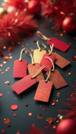A collection of vibrant red and gold glittery gift tags is scattered on a dark surface, surrounded by festive decorations. The shimmering tags, adorned with twine, evoke a joyful holiday spirit, perfect for adding a personal touch to gifts this season.の素材