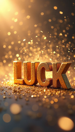 The image captures the word LUCK in bold, glittering letters, surrounded by a magical cascade of golden sparkles. This enchanting scene evokes feelings of hope and positivity, perfect for celebrating good fortune and new beginnings.の素材