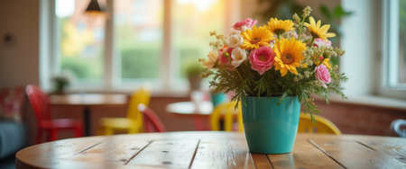 A stunning bouquet of colorful flowers sits in a turquoise pot on a rustic wooden table, radiating warmth and joy. The soft sunlight streaming through the windows enhances the inviting atmosphere, making it a perfect spot for relaxation and inspiration.の素材