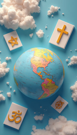 A vibrant globe rests on a serene blue background, encircled by fluffy clouds and symbols representing various religions. This image beautifully illustrates the harmony of diverse beliefs, inviting viewers to reflect on unity and spirituality.の素材