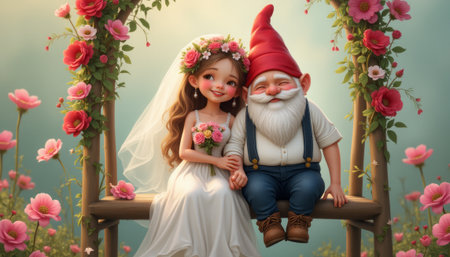 A charming bride in a flowing white gown sits beside a cheerful gnome in a red hat, both surrounded by vibrant pink flowers. This enchanting image captures a delightful moment of love and joy, blending fantasy with a whimsical wedding atmosphere.の素材