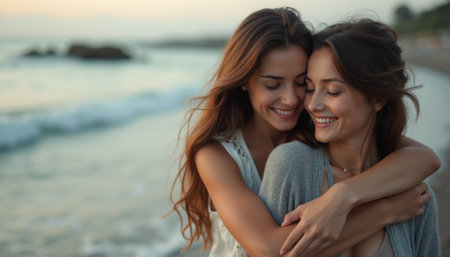 Two smiling women share a warm embrace on a serene beach, with gentle waves lapping at their feet. The golden sunset casts a soft glow on their faces, highlighting their happiness and the deep bond they share.の素材