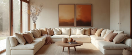 A spacious, inviting living room features a large, L-shaped cream sofa adorned with soft, earthy-toned pillows. The warm atmosphere is enhanced by two abstract paintings and a round wooden coffee table, creating a serene and stylish retreat.の素材