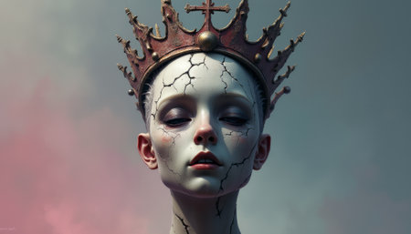 This striking image features a regal figure with a cracked porcelain-like face, adorned with a majestic crown. The ethereal atmosphere, combined with the delicate details of the cracks, evokes a sense of beauty intertwined with fragility and mystery.の素材