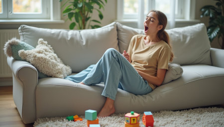 A relaxed young woman sits on a light gray sofa, yawning with a serene expression, surrounded by vibrant childrens toys scattered on the floor. The warm, inviting atmosphere of the room, filled with natural light, enhances the feeling of comfort and tranquility.の素材
