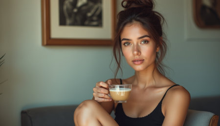 A beautiful young woman with long, flowing hair sits comfortably, holding a cup of coffee in a serene, softly lit room. Her relaxed expression and the warm tones of the environment create an inviting atmosphere perfect for moments of reflection and tranquility.の素材