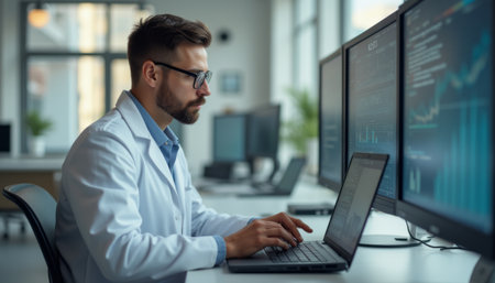 A dedicated male scientist in a white lab coat is intently working on a laptop, surrounded by multiple screens displaying complex data and graphs. The image captures the essence of innovation and technology in a contemporary research environment, highlighting the meticulous nature of scientific analysis.の素材