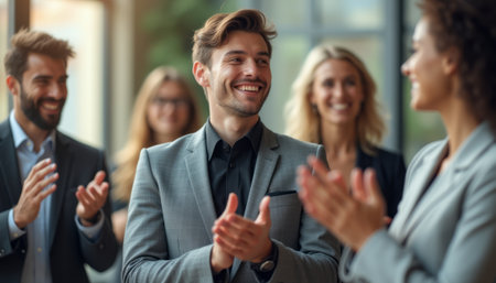 A group of diverse professionals, including a smiling man in a gray suit, are applauding in a bright office setting. Their expressions radiate joy and camaraderie, capturing the essence of teamwork and achievement.の素材
