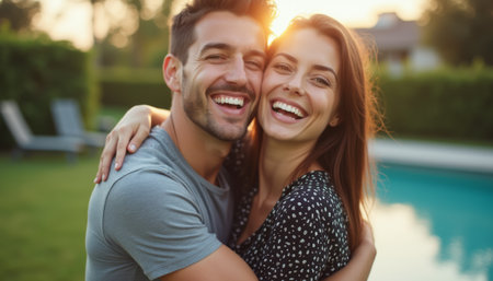 A happy couple, a man and a woman, share a warm embrace by a sparkling pool, radiating joy and love. Their genuine smiles and the soft sunlight create a vibrant atmosphere, capturing a perfect moment of connection and happiness.の素材