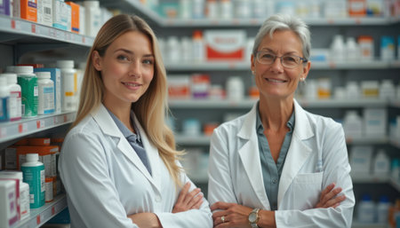 A young blonde pharmacist and an older gray-haired pharmacist stand proudly in a well-ed pharmacy aisle. Their warm smiles and professional attire radiate trust and expertise, showcasing a harmonious blend of youth and experience in the healthcare field.の素材