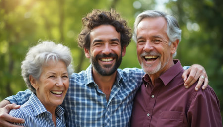 A cheerful family portrait captures a young man with curly hair embracing his smiling parents in a sunlit park. Their laughter and warmth radiate love and connection, showcasing the beauty of family bonds across generations.の素材