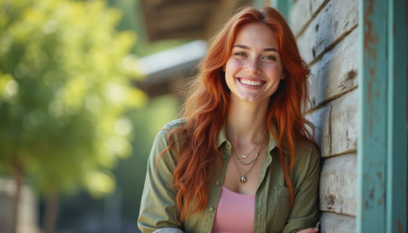 A cheerful young woman with vibrant red hair leans against a weathered wooden wall, exuding joy and confidence. Her layered outfits and sparkling smile create an inviting atmosphere, perfect for capturing the essence of happiness and warmth.の素材