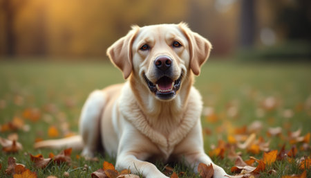 A cheerful golden retriever lies on a carpet of vibrant autumn leaves, basking in the warm glow of the setting sun. The dogs joyful expression and the colorful foliage create a heartwarming scene that captures the essence of fall and the bond between pets and nature.の素材
