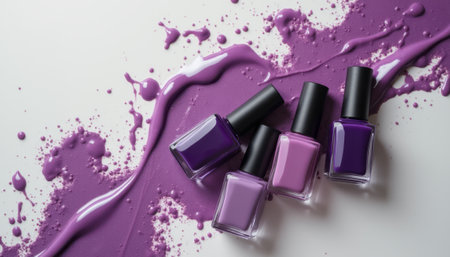A stunning arrangement of four nail polish bottles in varying shades of purple, with a vibrant splash of polish flowing across a clean white surface. This image captures the essence of creativity and beauty, inviting viewers to indulge in the world of nail art and self-expression.の素材
