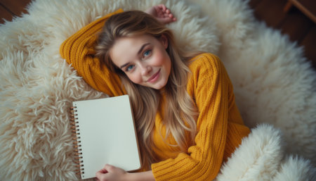 A young woman with long blonde hair relaxes on a fluffy white blanket, wearing a vibrant yellow sweater. She gazes warmly at the camera, holding a blank notebook, inviting inspiration and creativity in a serene, cozy atmosphere.の素材