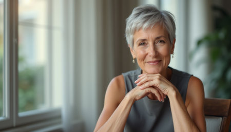 A graceful elderly woman with short silver hair sits thoughtfully by a window, exuding warmth and wisdom. Her gentle smile and relaxed posture create an inviting atmosphere, perfect for conveying a sense of peace and contentment.の素材