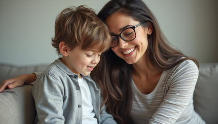 A smiling mother and her young son are seated closely together, radiating warmth and affection. Their joyful expressions and gentle interaction create a heartwarming scene of love and connection.の素材