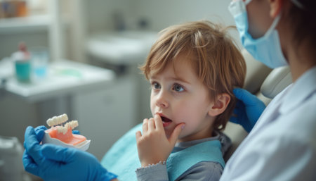 A young boy with light brown hair sits in a dental chair, gazing intently at a dental model held by a dentist. The scene captures the blend of curiosity and apprehension in a childs first dental visit, highlighting the importance of gentle care in pediatric dentistry.の素材