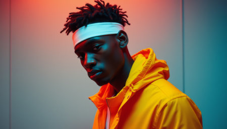 A young Black man with striking features poses in a bright yellow jacket, illuminated by colorful neon lights. The image captures a modern, urban vibe, showcasing the fusion of fashion and contemporary aesthetics.の素材