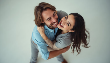 A happy couple, a man and a woman, share a warm embrace, radiating joy and affection against a soft, neutral background. Their genuine smiles and playful interaction capture the essence of love and connection, making this image perfect for celebrating relationships.の素材
