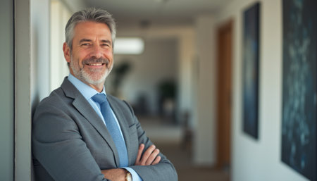 A distinguished middle-aged man with gray hair stands confidently in a sleek office corridor, exuding professionalism and charm. His warm smile and well-tailored suit create an inviting atmosphere, perfect for business success and collaboration.の素材