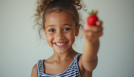 A cheerful young girl with curly hair beams as she proudly holds up a vibrant red strawberry. Her infectious smile radiates happiness, capturing the essence of childhood joy and the delight of fresh, healthy snacks.の素材
