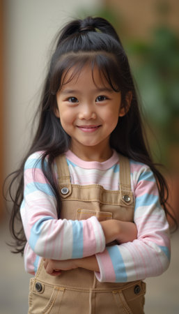 A joyful young girl with long, dark hair smiles brightly, showcasing her playful spirit. Dressed in a striped shirt and beige overalls, she exudes confidence and charm, embodying the essence of childhood happiness.の素材