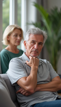 An elderly man sits pensively on a couch, his expression reflecting deep contemplation, while a woman stands in the background, her gaze distant and troubled. This poignant scene captures the complexities of relationships, highlighting the emotional distance and unspoken words between the couple.の素材