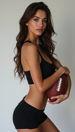 A stunning woman with long, flowing hair poses confidently while holding a football close to her body, exuding strength and athleticism. Dressed in a sleek black sports outfit, she embodies empowerment and determination, making a bold statement in the world of sports.の素材