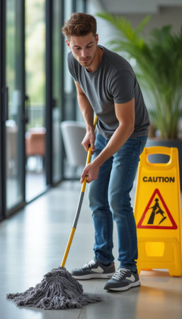 A focused young man in casual attire diligently mops the floor, ensuring cleanliness in a modern space. The bright caution sign highlights the importance of safety while he works, creating a sense of responsibility and care.の素材