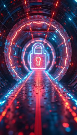 A mesmerizing tunnel illuminated by vibrant neon lights leads to a glowing padlock symbol at its center, evoking a sense of security and mystery. The intricate details of the tunnels design, combined with the shimmering reflections, create an atmosphere of advanced technology and digital protection.の素材