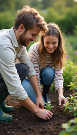 A joyful couple, a man and a woman, are kneeling together in a lush garden, planting flowers in rich, dark soil. Their smiles radiate happiness and teamwork, capturing the essence of love and connection through gardening.の素材