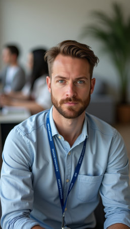 A focused man with a well-groomed beard and stylish hair sits in a modern office, exuding confidence and professionalism. His piercing gaze and smart attire, complemented by a lanyard, suggest he is engaged in an important meeting or discussion.の素材