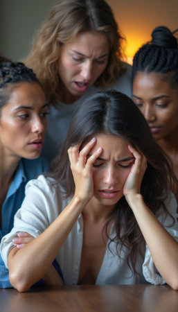 A group of four women surrounds a distressed friend, who is holding her head in despair. The image captures a moment of emotional support, highlighting the bond of friendship and the power of solidarity in times of crisis.の素材