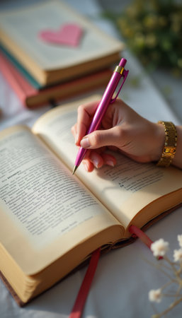 A graceful hand, adorned with a gold bracelet, holds a pink pen poised over an open book, inviting creativity and reflection. The soft focus background features stacked books and a heart-shaped note, enhancing the warm, inviting atmosphere of literary exploration.の素材