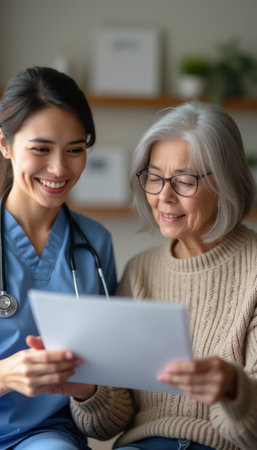 A compassionate nurse, dressed in scrubs, joyfully shares important information with an elderly woman, who is wearing glasses and a cozy sweater. This heartwarming moment captures the essence of healthcare, showcasing the bond between caregiver and patient, filled with hope and understanding.の素材
