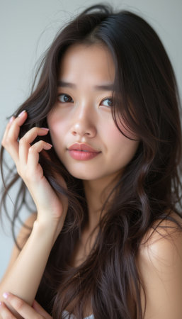This stunning close-up features a young Asian woman with long, wavy dark hair, gently touching her face. Her soft expression and natural beauty radiate warmth and confidence, inviting viewers to connect with her serene presence.の素材